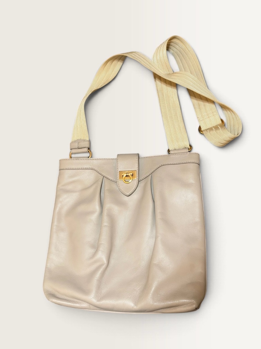 Salvatore Ferragamo Cream Leather Crossbody Tote with Gold Turn-Lock